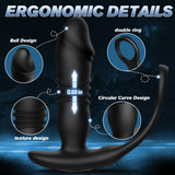 Black silicone anal vibrator with ergonomic details: ball design, texture, 0.59in measurement, double ring, circular curve.