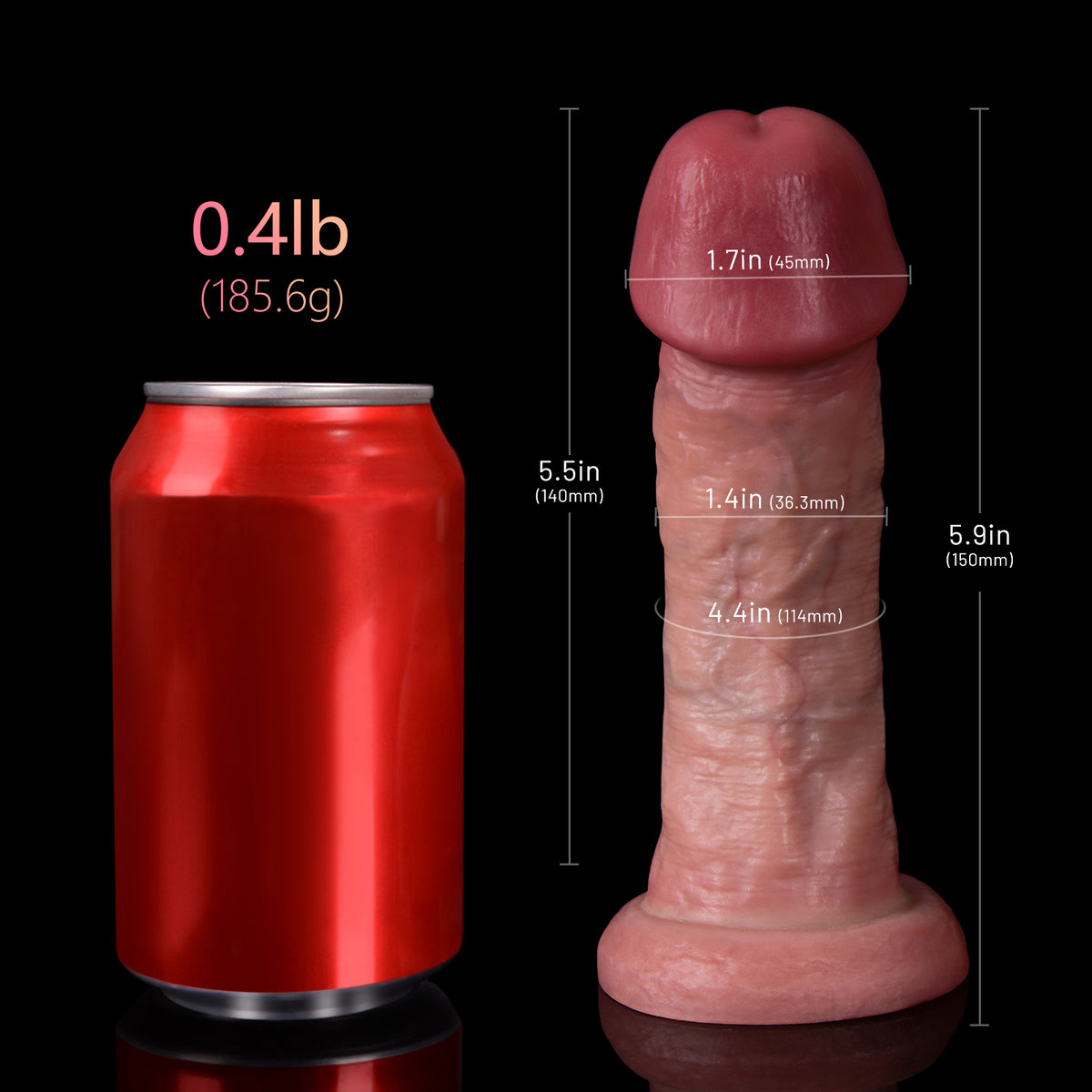 A red soda can is shown next to a flesh-colored dildo with measurement labels.