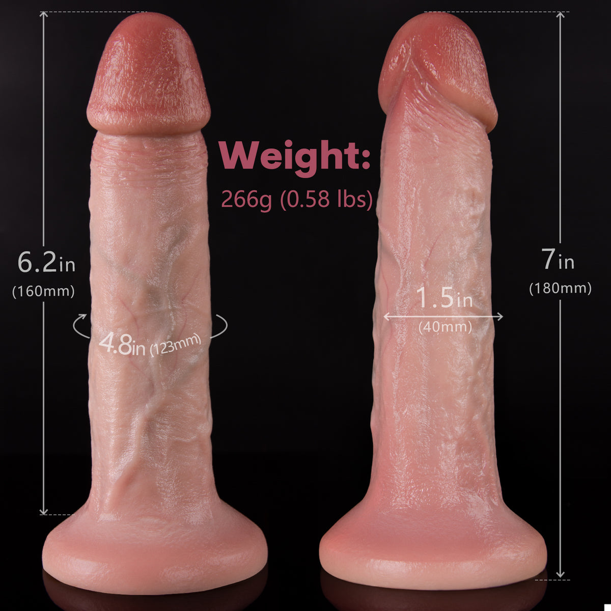 Two sex toys are shown with their measurements against a black background.