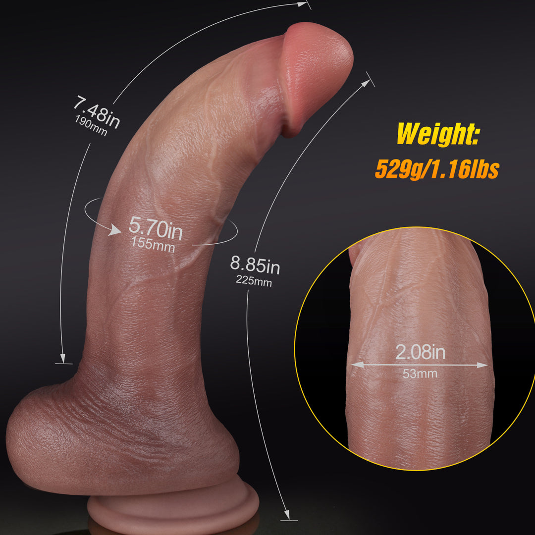 Realistic replica dildo with dimensions: 7.4in length, 5.7in girth, 529g weight.