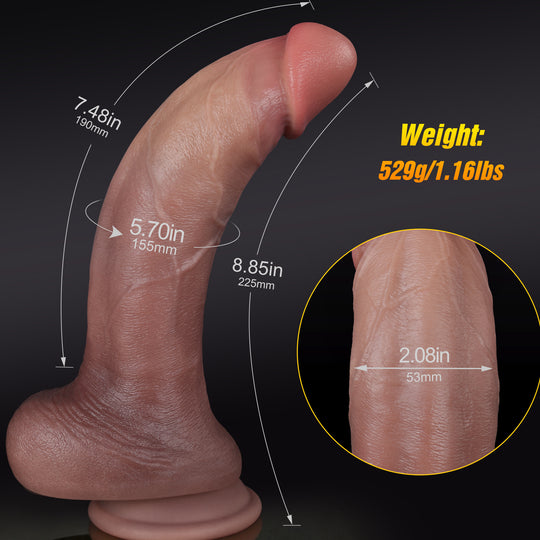 Realistic replica dildo with dimensions: 7.4in length, 5.7in girth, 529g weight.
