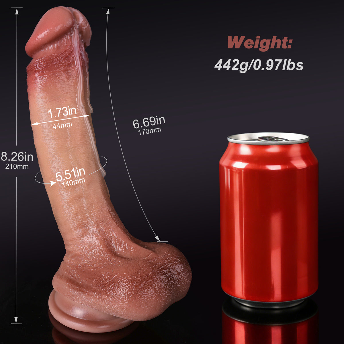 Kenvin replica dildo with measurements next to soda can for scale.