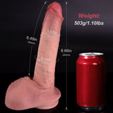 A flesh-colored sex toy is displayed next to a red soda can with measurements.