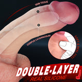 White double-layer silicone dildo showing skin tissue and corpus cavernosum. Realistic soft feel.