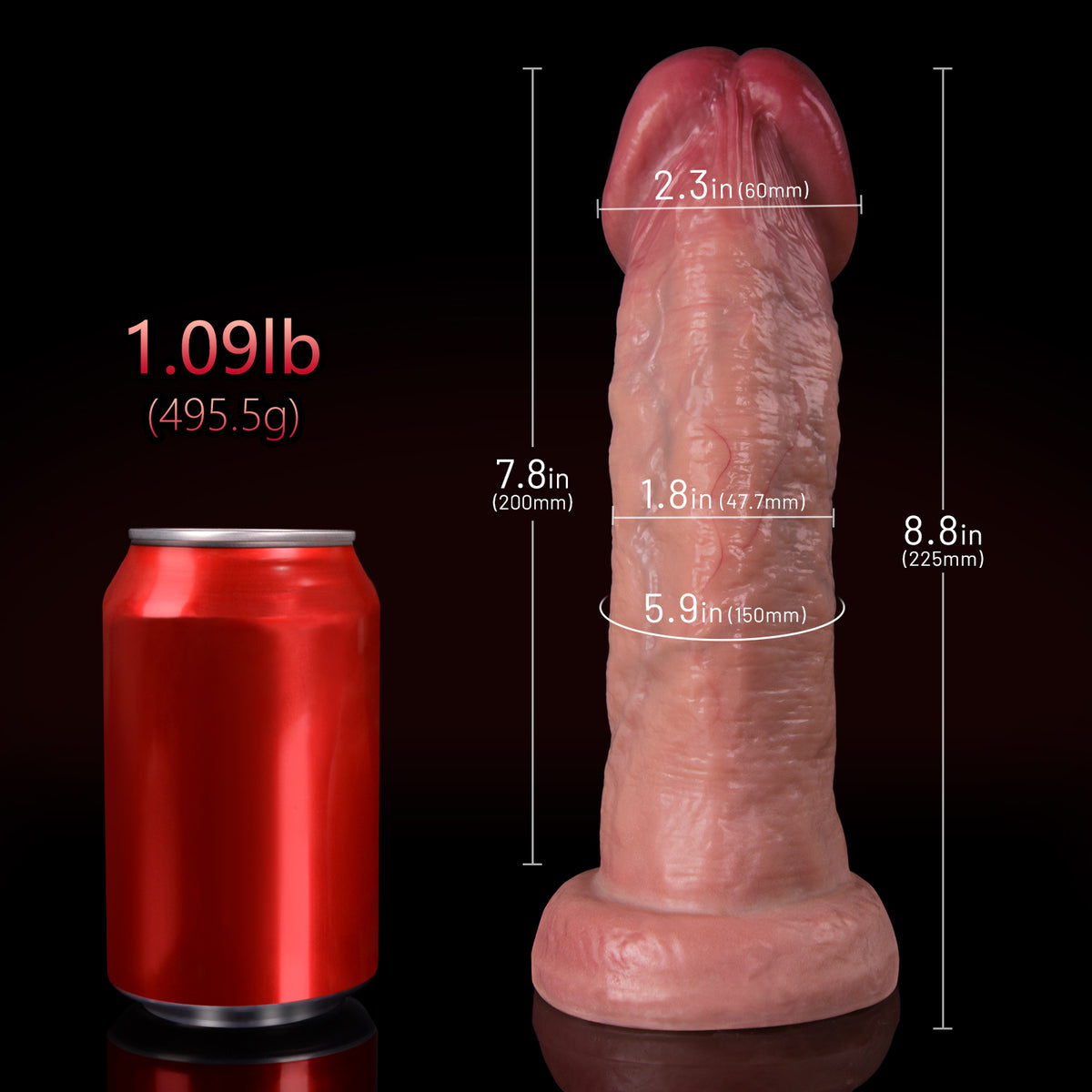 A flesh colored dildo next to a red soda can on a black background.