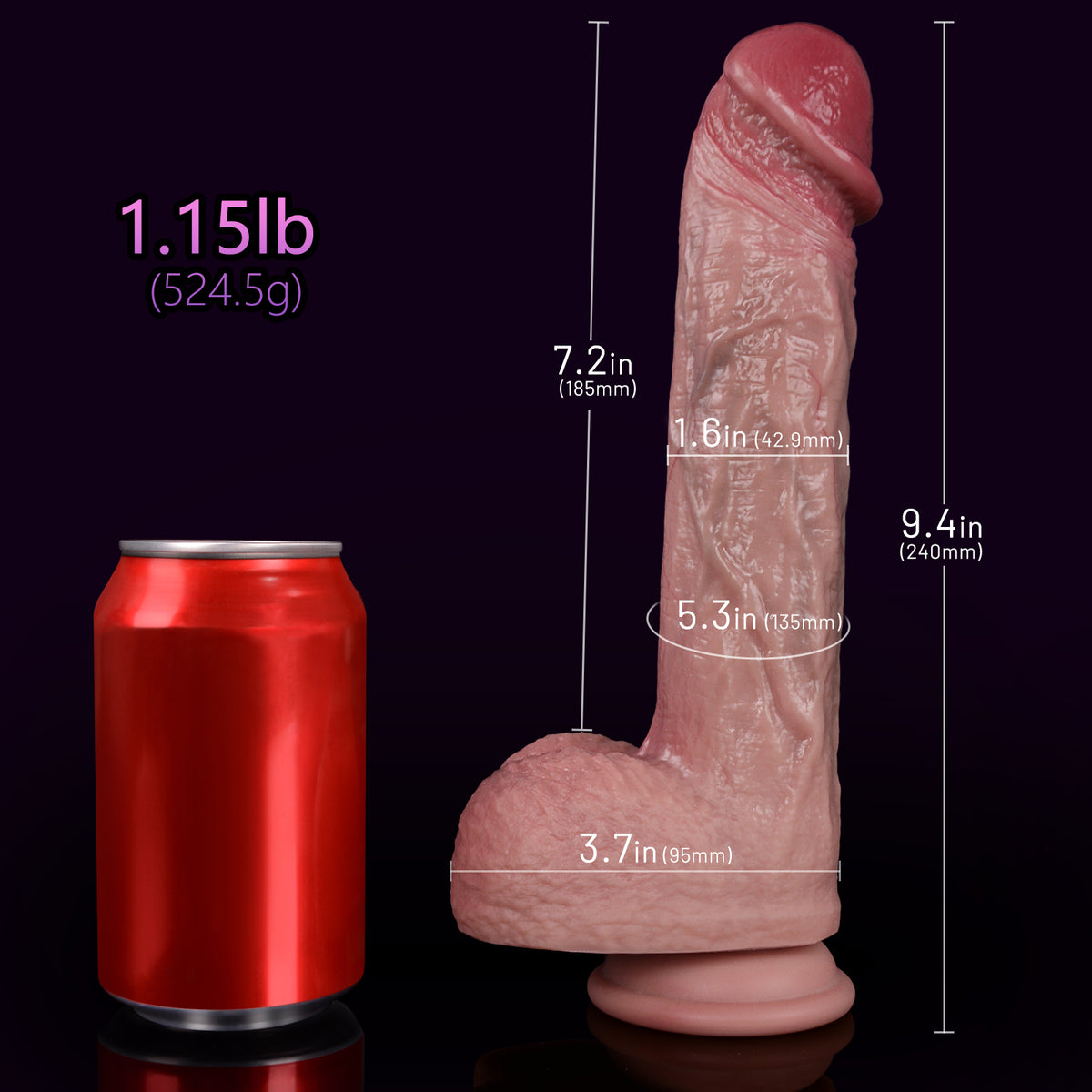A pink dildo and a red soda can are shown against a dark background.