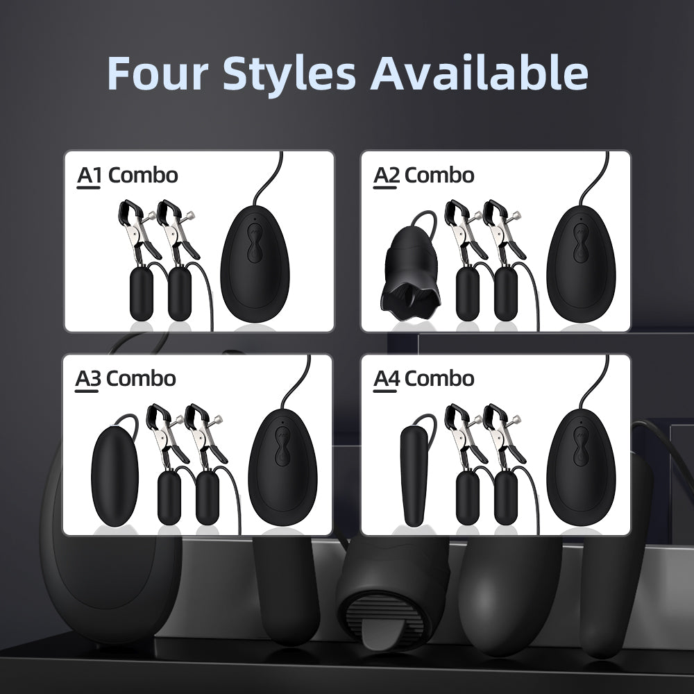 Four black computer mice and various sex toys are displayed on a dark background.