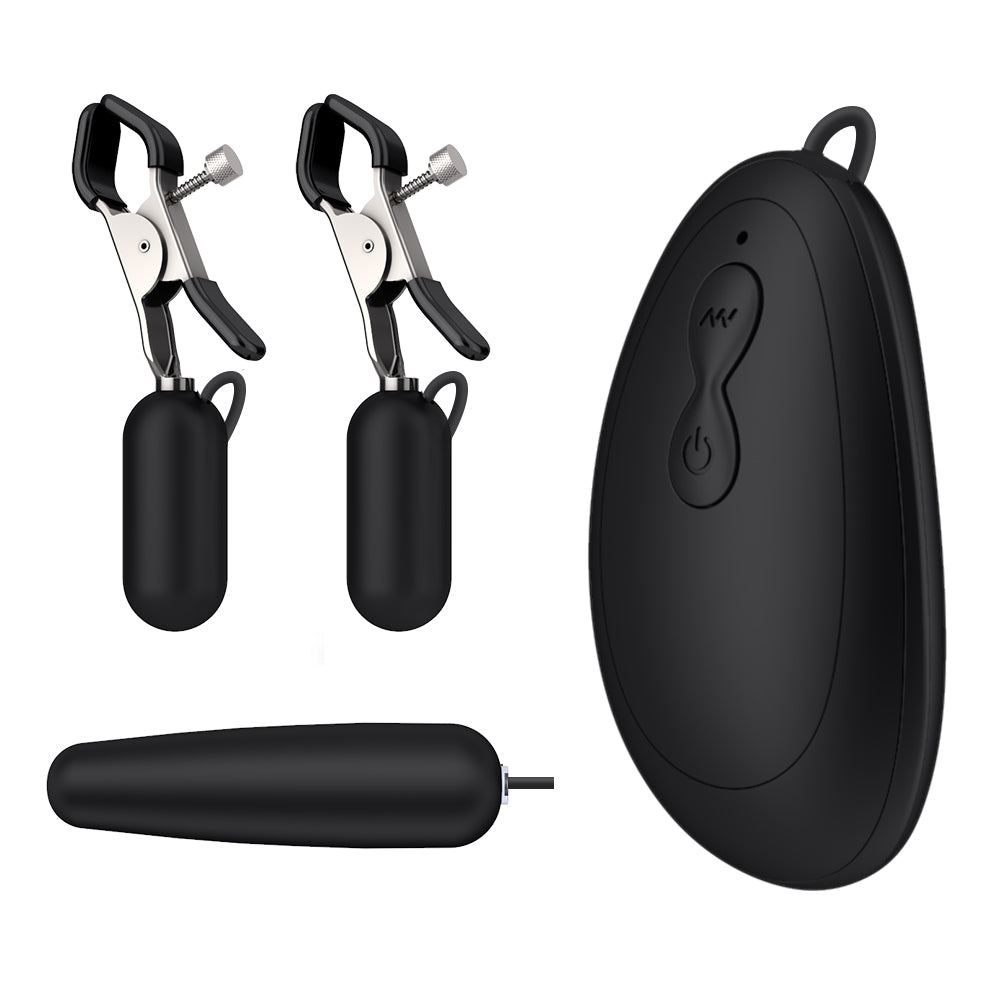 A black handheld remote control with accessories on a white background.