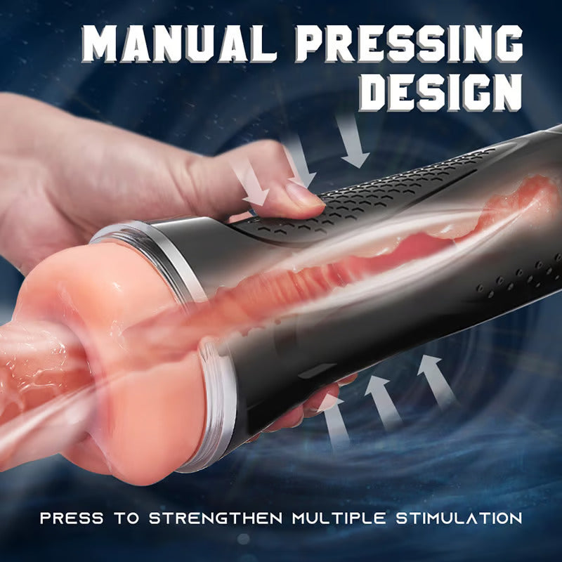 Realistic anal masturbator with manual pressing design for enhanced stimulation. ABS+TPE.