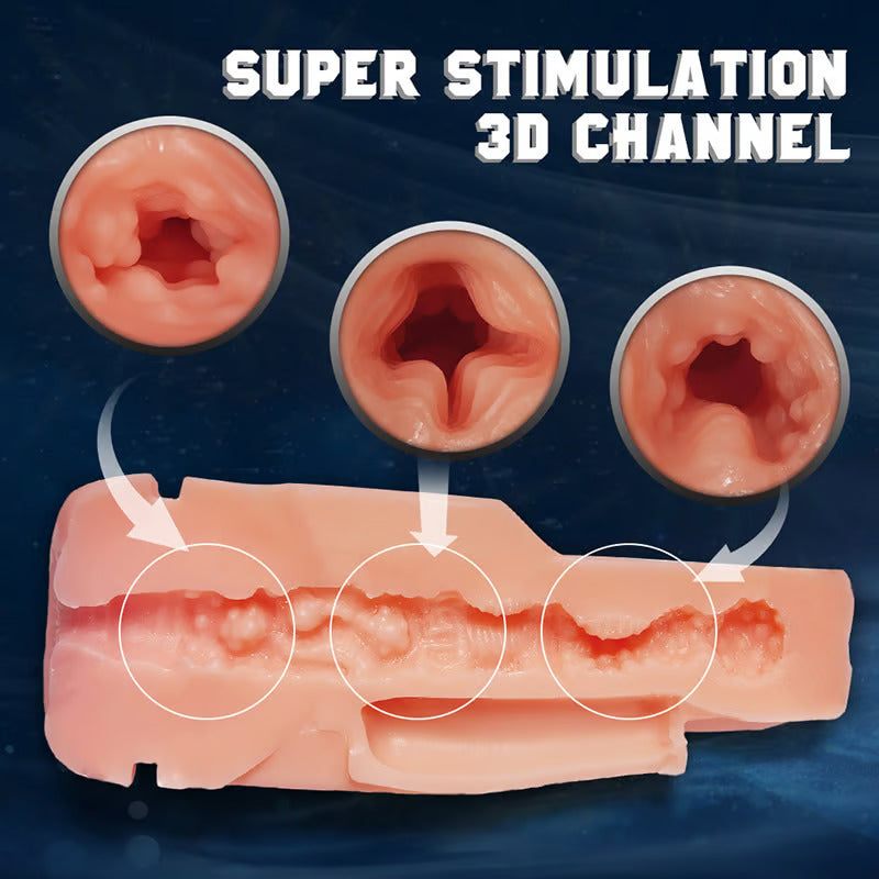 Realistic anal masturbator featuring a 3D textured channel for super stimulation. Shows detailed internal textures.