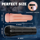 Peach and black masturbators showing dimensions: 8"x3.2" and 10"x3.5". Discreet shape, perfect size for men.